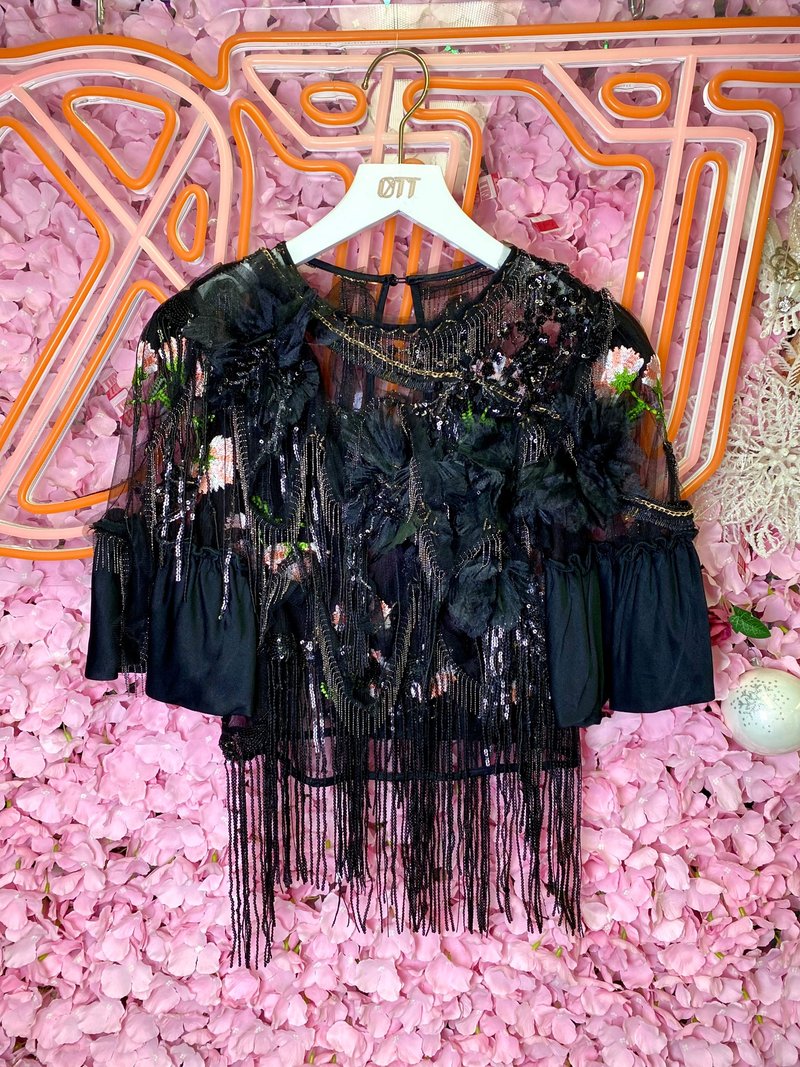 OTT unique•Unique dark Japanese heavy embroidery Silver tassel sequins romantic embroidered top - เสื้อผู้หญิง - วัสดุอื่นๆ สีดำ