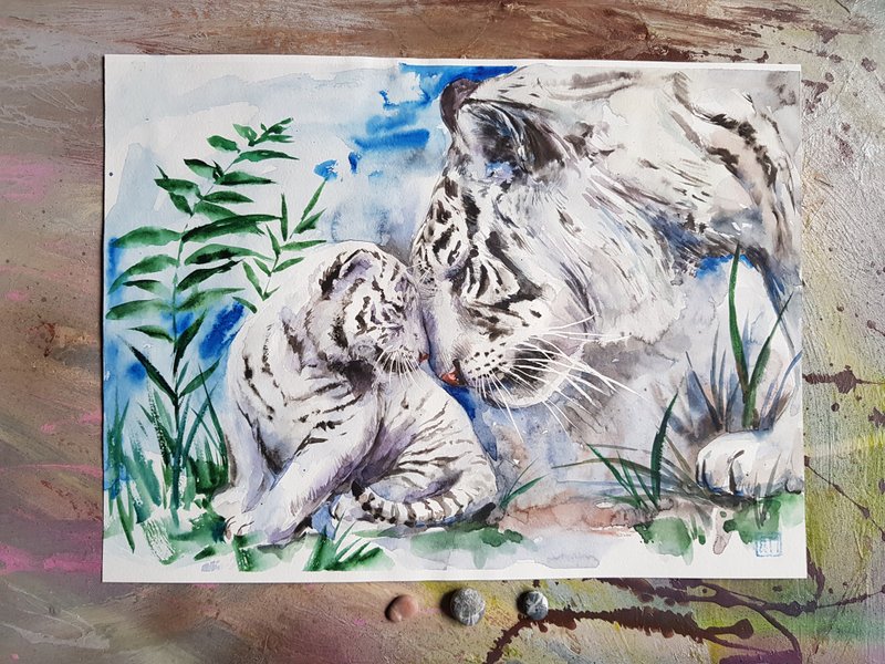 Cute White tigers artwork hand painted Watercolor painting on paper - 壁貼/牆壁裝飾 - 其他材質 