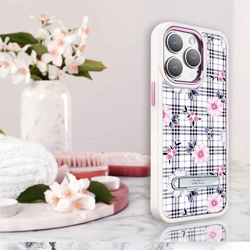 iPhone 14 Full Series Military Specification Anti-fall Aluminum Alloy Lens Frame Stand Mobile Phone Case-Plaid Pattern-Wu Chunhua - Phone Cases - Other Materials Multicolor