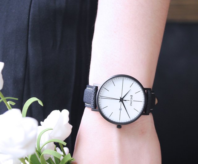 Siempre minimalist black and white leather strap couple watch / SI