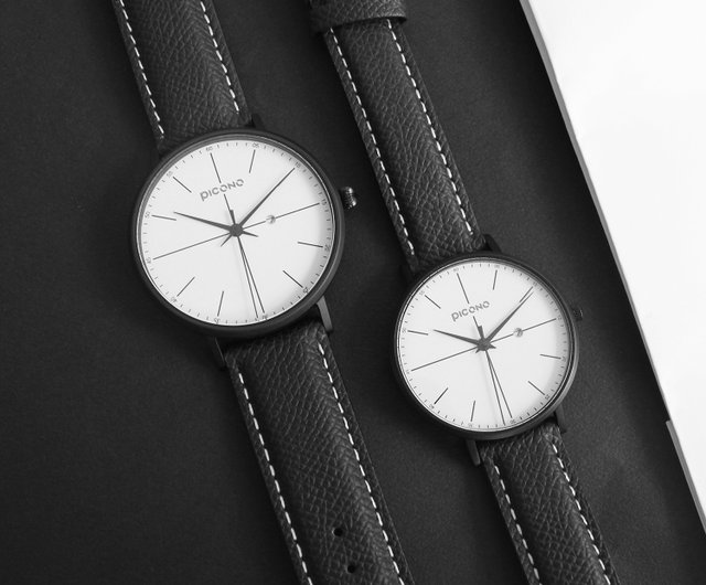 Siempre minimalist black and white leather strap couple watch / SI