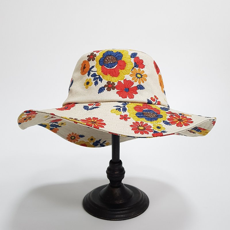 法式浪漫波浪大盤帽 日式復古彩花  #浪漫 #遮陽 #旅行  - 帽子 - 棉．麻 多色