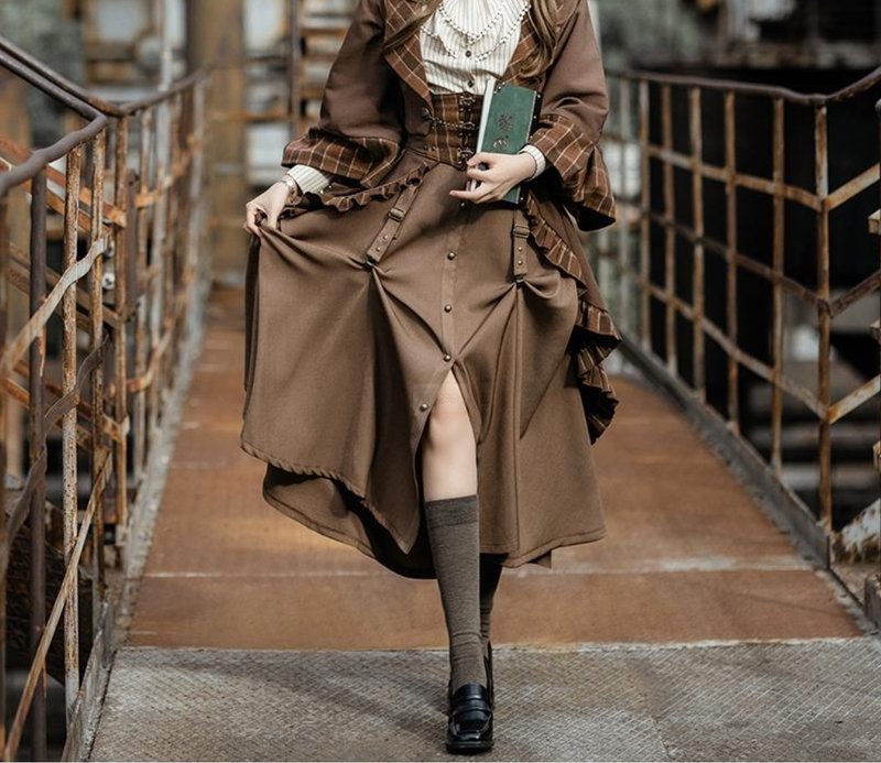 Limited cooperation Lord of Mysteries × Steam Continent Fors series waist skirt combination mid-length skirt - Skirts - Other Man-Made Fibers Brown