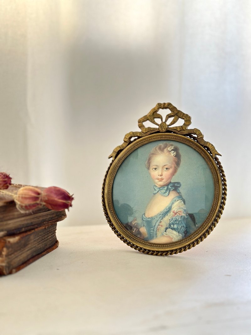 Stunning French Antique Reproduction Portrait - Girl and Kitten in Bronze Frame - Items for Display - Copper & Brass 