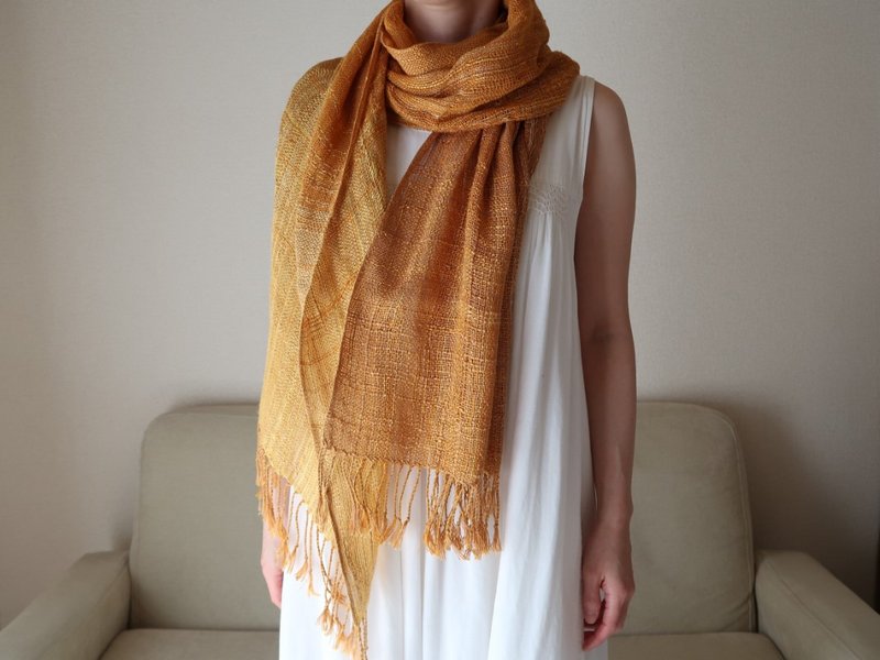 手織りストール　シルクリネン　金木犀　ショール　ギフト　Shawl (L) 32【受注制作】 - 絲巾 - 棉．麻 橘色