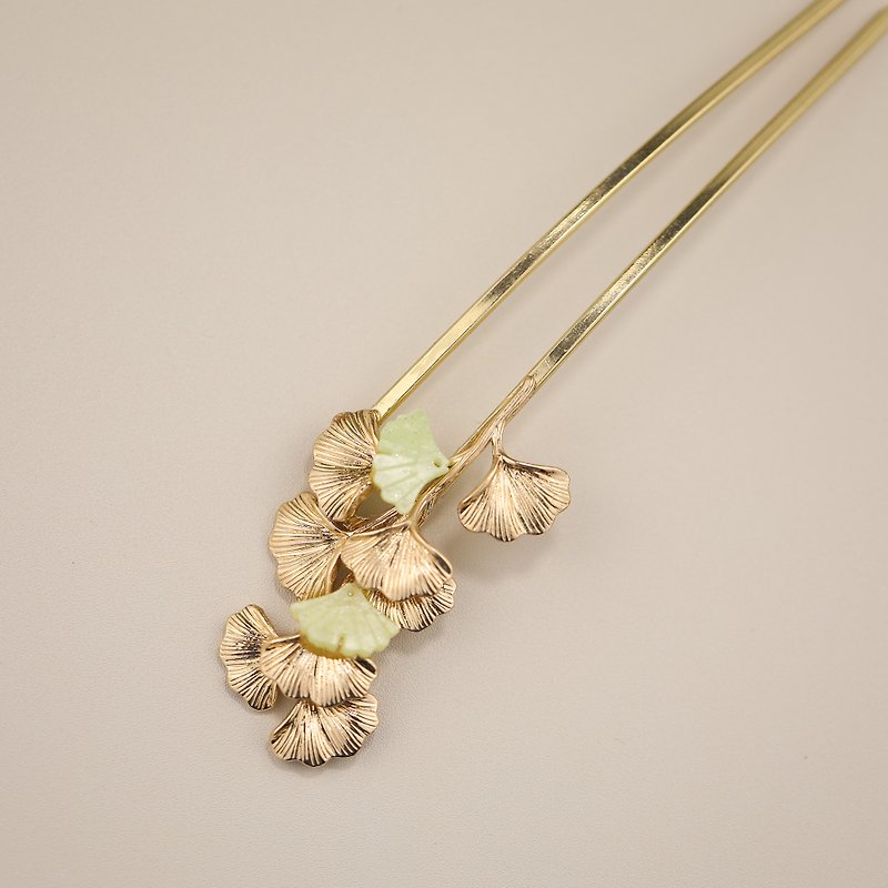 Handmade Ginkgo leaf copper gold hair stick flower hair sticks green - เครื่องประดับผม - ทองแดงทองเหลือง สีทอง