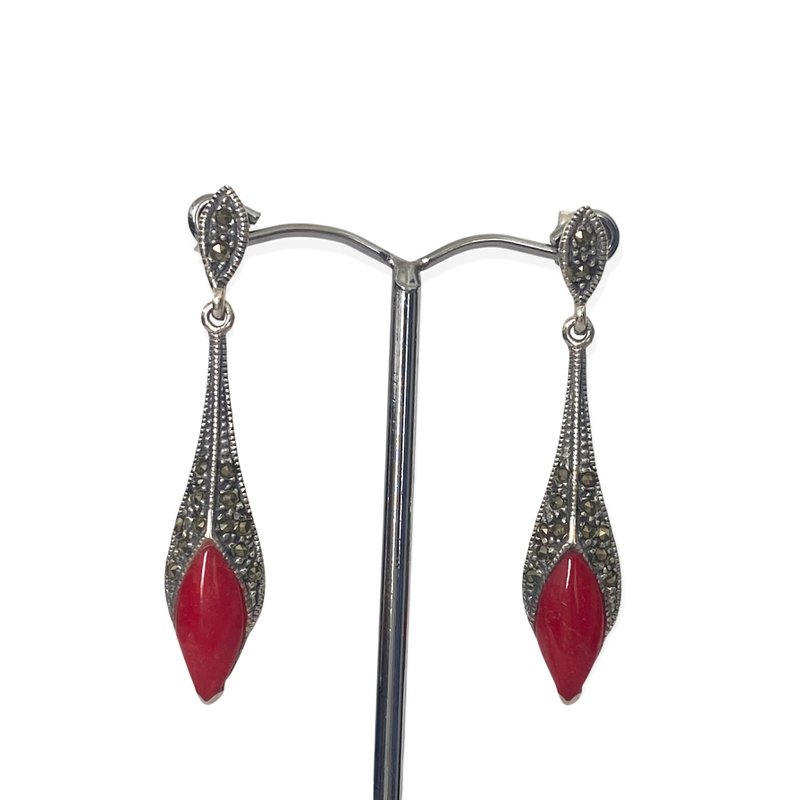 Art Deco Style Long Drop Earrings Red Coral and Marcasite 925 Sterling Silver - 耳環/耳夾/耳骨夾 - 純銀 紅色