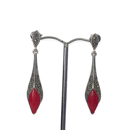 alisadesigns Art Deco Style Long Drop Earrings Red Coral and Marcasite 925 Sterling Silver