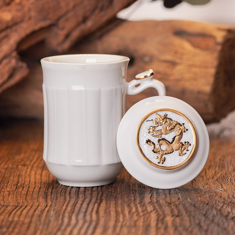 Yunlong Ruyi tall cup/with lid/gilt/snowflake white 460ml - แก้วมัค/แก้วกาแฟ - เครื่องลายคราม ขาว