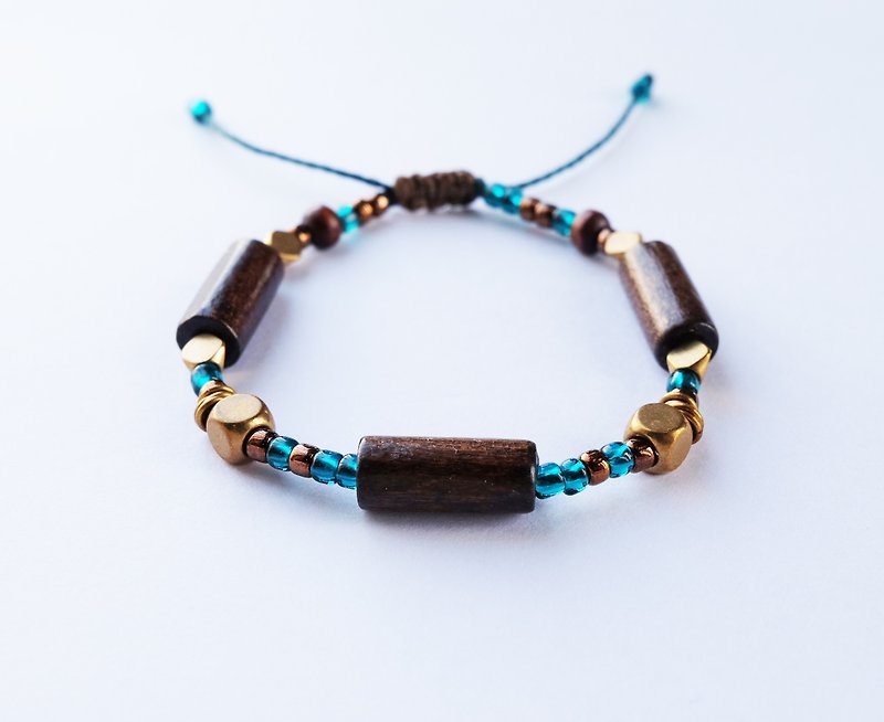 Dark wood teal string bracelet - 手鍊/手鐲 - 其他材質 藍色