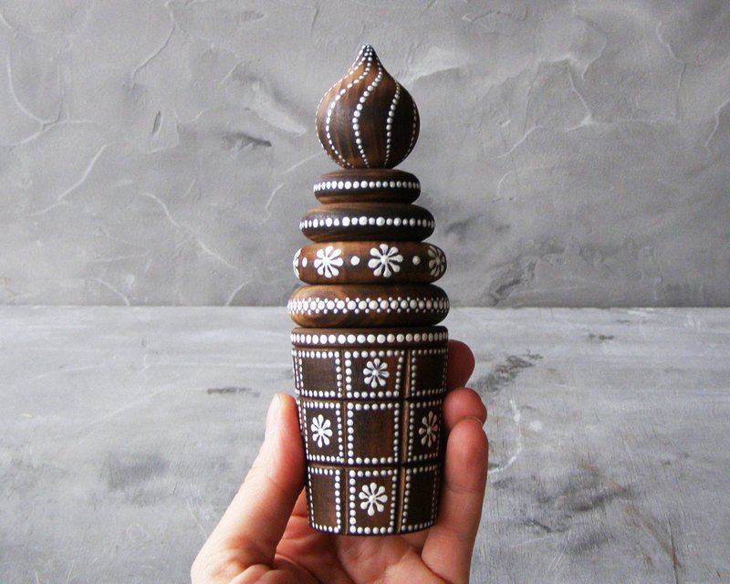 Ring Stacker with Hand-painted Ice Cream Vintage Wood Stacking Ice Cream Toy - 寶寶/兒童玩具/玩偶 - 木頭 咖啡色