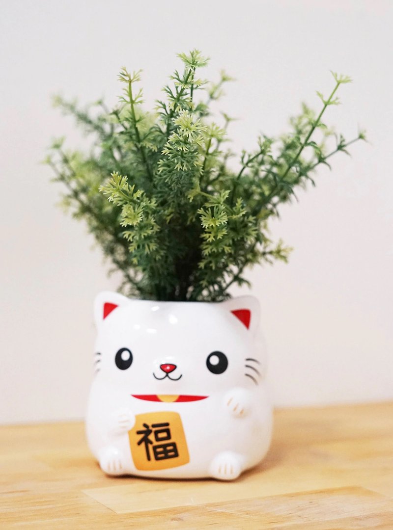 Lucky Niko 招財貓療癒小盆栽 - 盆栽/植栽 - 陶 白色