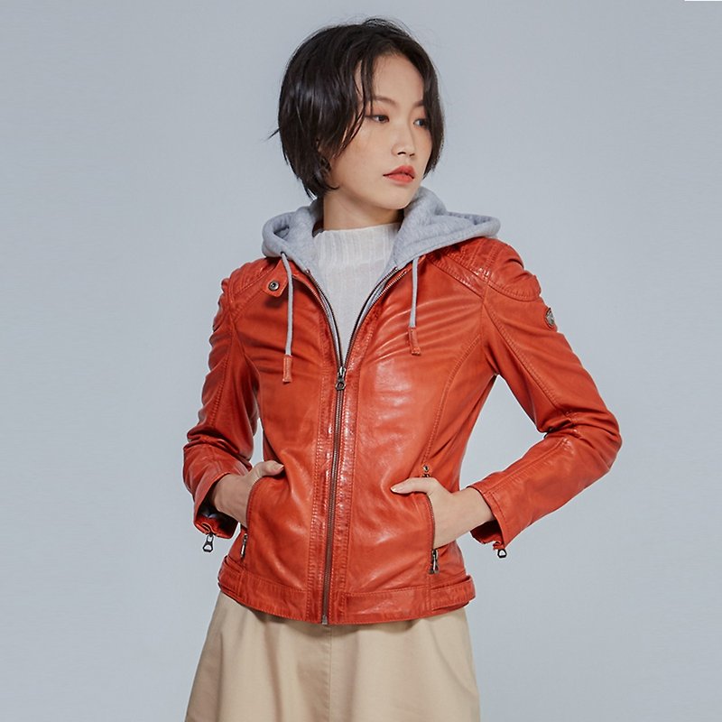 [Germany GIPSY] GWAlcie minimally buttoned collarless sheepskin jacket with hooded T | Blazing Orange - Women's Casual & Functional Jackets - Genuine Leather Orange