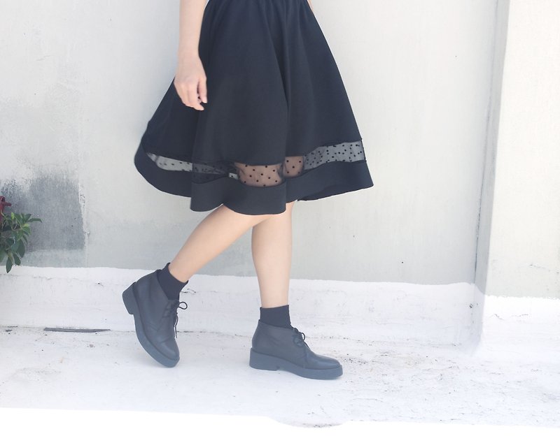 4.5studio-independent hand-made by FU-spliced polka dot black knitted five-point skirt - กระโปรง - เส้นใยสังเคราะห์ สีดำ