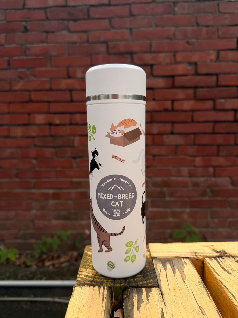 【和平庄園】貓咪主題插畫保溫瓶 500ml - 保溫瓶/保溫杯 - 其他金屬 白色