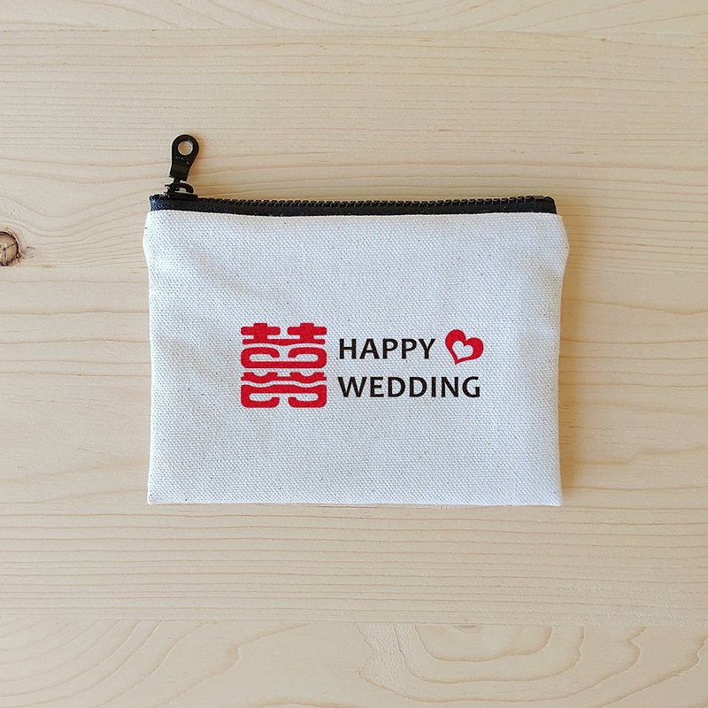 Have a Happy Wedding Coin Bag - กระเป๋าใส่เหรียญ - ผ้าฝ้าย/ผ้าลินิน สีแดง