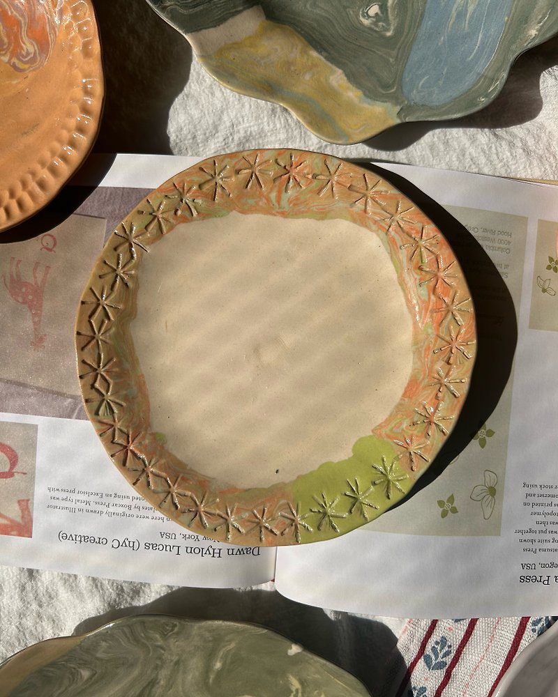 Hand Built Plate | Marbling | Stamp | Ceramic Handmade - เซรามิก - ดินเผา สีส้ม