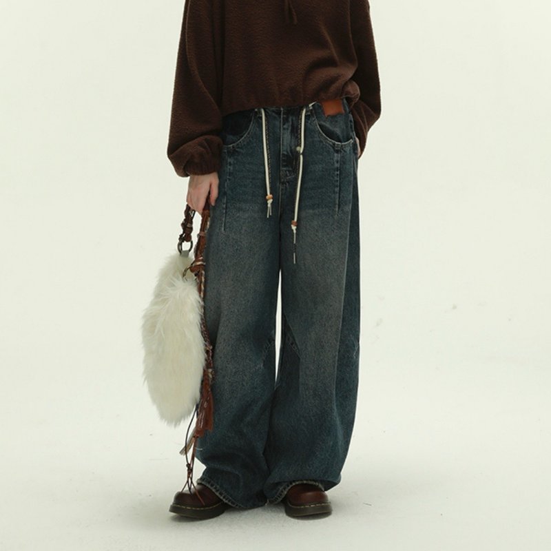 藍色 水洗做舊復古牛仔褲 配腰帶 寬鬆抽繩百搭休閒長褲 S-XL - 女長褲 - 棉．麻 藍色