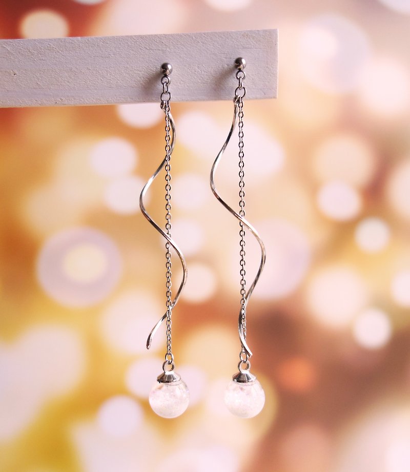 Rosy Garden sea wave glitter with water inside twist glass ball earrings - Earrings & Clip-ons - Glass White