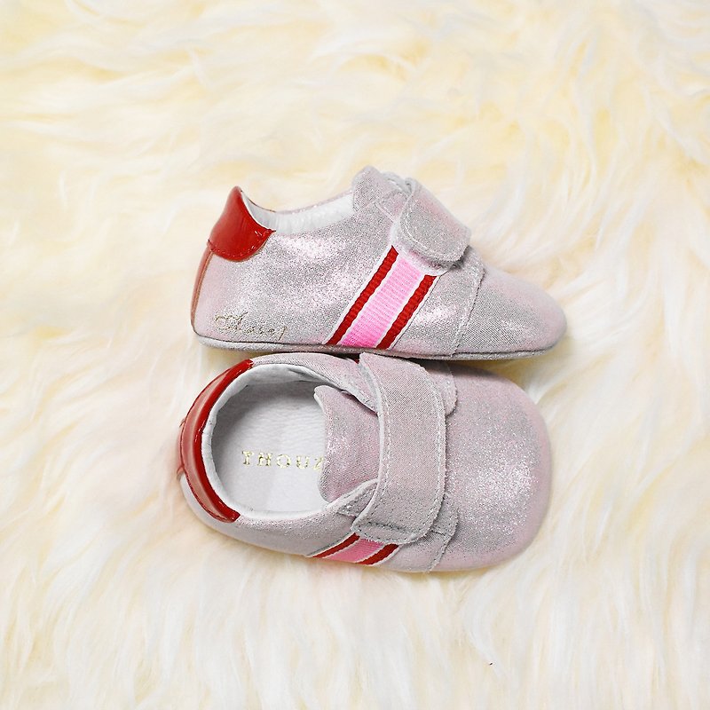 粉色可愛休閒嬰兒鞋 / 手工學步鞋 / 客製烙印 / 訂製 / 禮物 - 嬰兒鞋 - 真皮 粉紅色