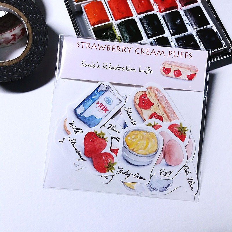 Hand-painted strawberry cream puffs ingredients sticker - สติกเกอร์ - กระดาษ 
