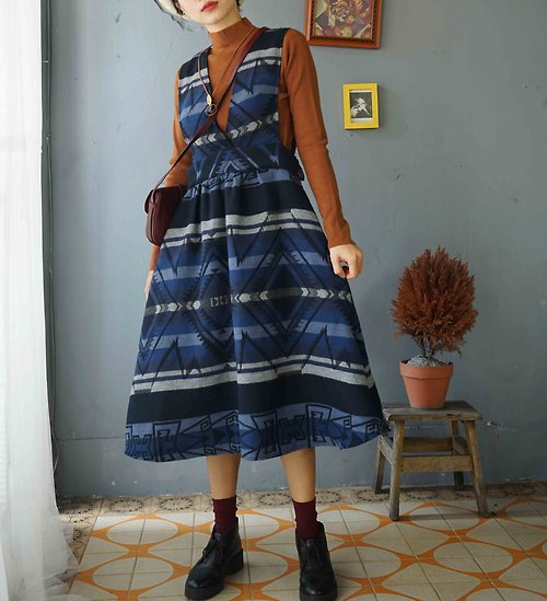 4.5studio 設計手作-藍色系南美風情幾何圖紋雙面織棉質背心洋裝