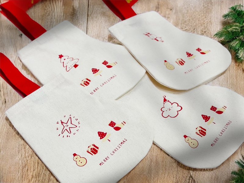 聖誕襪造型飲料提袋 手工絹印雙色套印 聖誕節限定圖案 - 杯套/飲料提袋 - 其他材質 