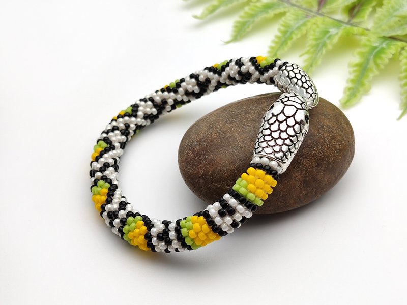 Ouroboros Beaded Snake Bracelet, White Serpent Bracelet - Bracelets - Glass Yellow
