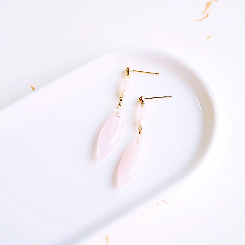 尖橄欖型天然粉水晶 耳環 14K 珍珠 氣質典雅 女人味 情人節 - 耳環/耳夾 - 寶石 粉紅色