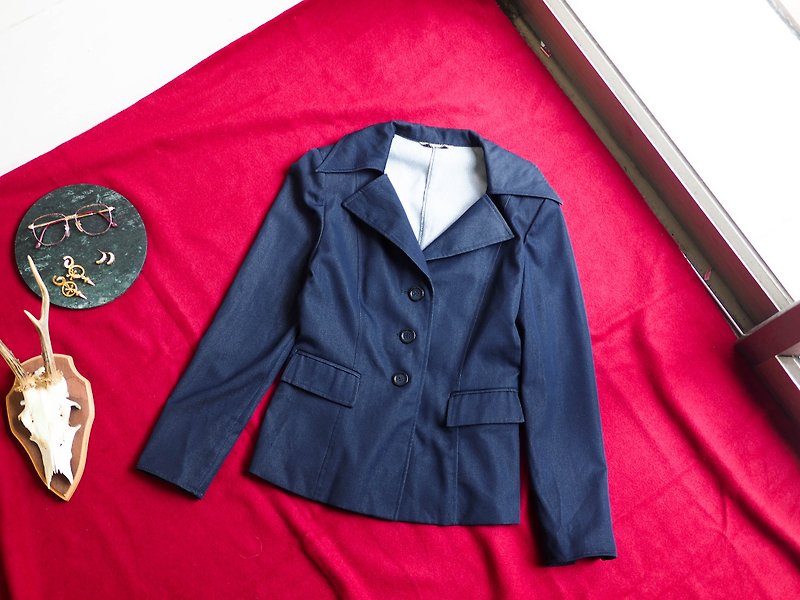 Dark blue denim denim three-button anti-folding sleeves antique thin cotton three-button blazer blazer - เสื้อสูท/เสื้อคลุมยาว - ผ้าฝ้าย/ผ้าลินิน สีน้ำเงิน