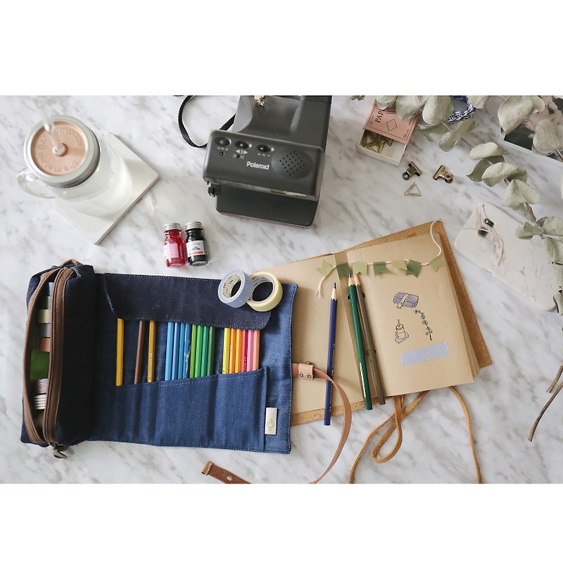 layoo 來喲│綜合壽司捲:皮革工具捲+功能拉鍊袋(筆袋 筆捲) - 鉛筆盒/筆袋 - 其他材質 藍色
