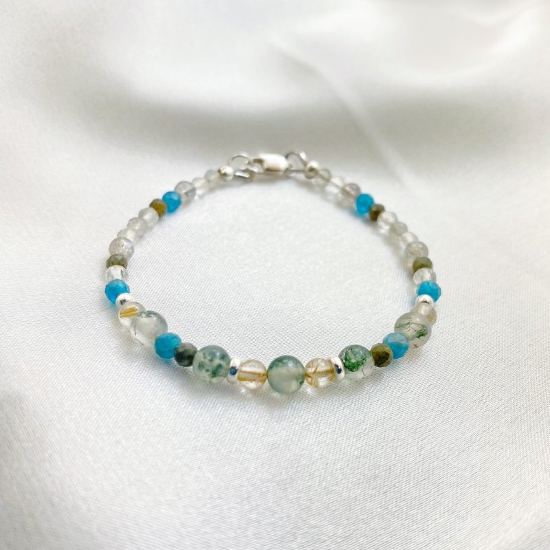 Crystal bracelet x natural stone bracelet x labradorite x green tourmaline x white crystal sterling silver Stone| lake and mountain color - Bracelets - Crystal Multicolor