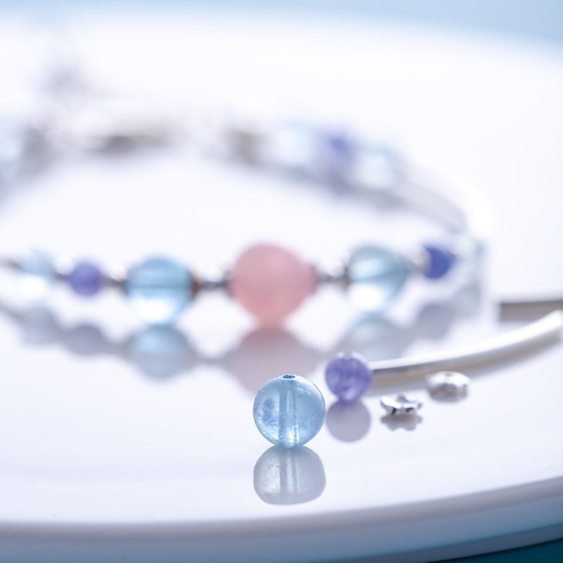 Aquamarine, Rose Quartz, 925 Sterling Silver Findings Bracelet - Bracelets - Semi-Precious Stones Multicolor