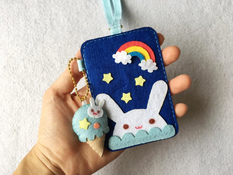 Blue rabbit card holder with ice cream keychain and neck strap. - ที่ใส่บัตรคล้องคอ - วัสดุอื่นๆ สีน้ำเงิน