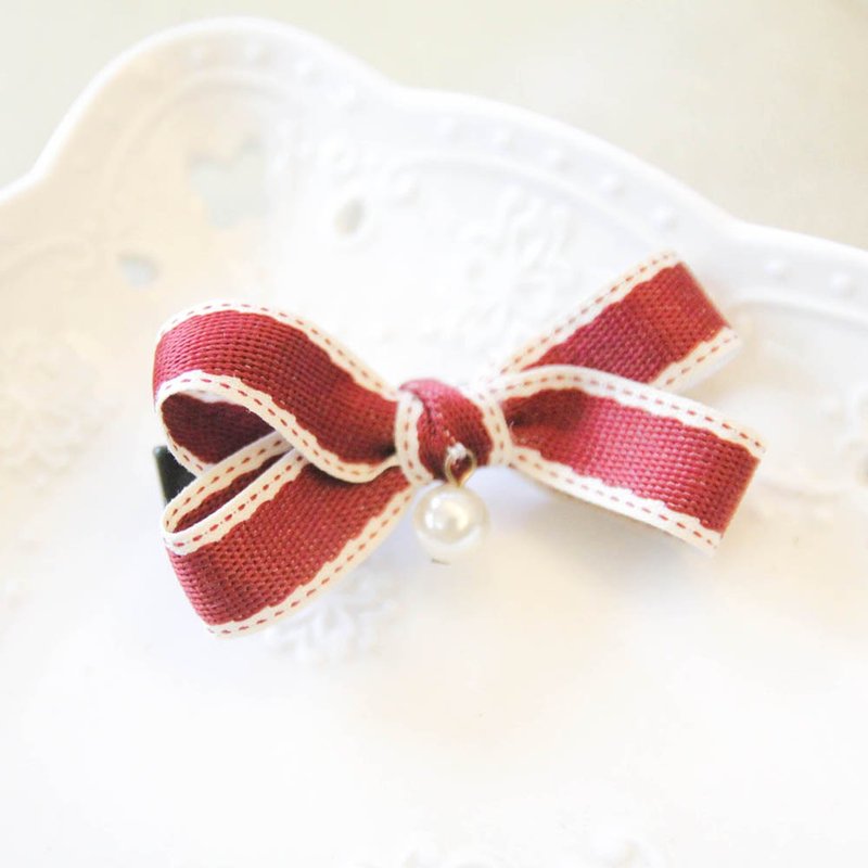 Classic Burgundy Bow Bangs Clip - เครื่องประดับผม - ผ้าฝ้าย/ผ้าลินิน สีแดง