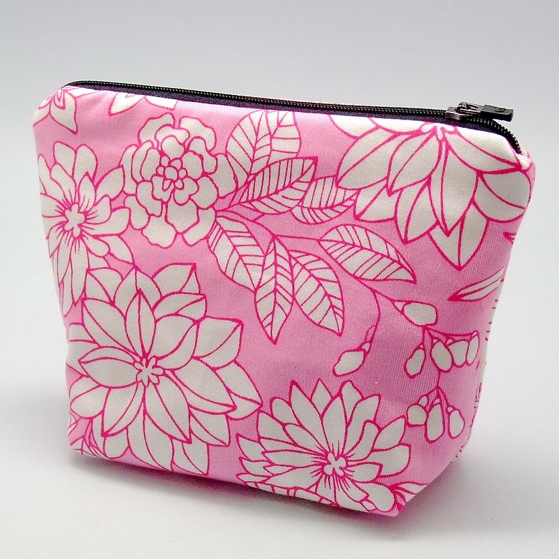 拉鍊收納布包，化妝袋，手拿包 (花卉圖案) (ZL-42) - 化妝包/收納袋 - 紙 粉紅色