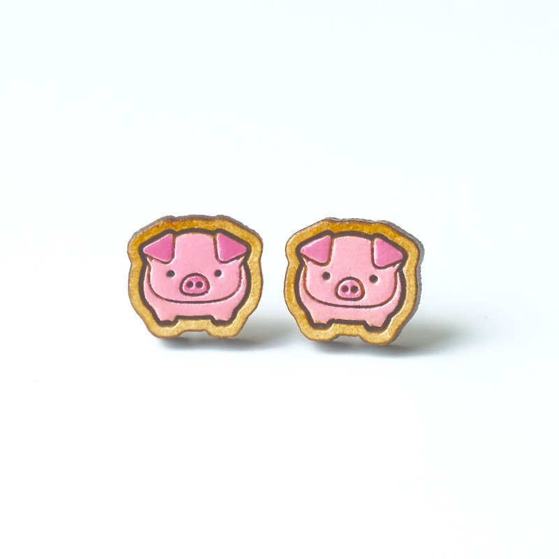 Painted wood earrings-Little Pig - Earrings & Clip-ons - Wood Pink