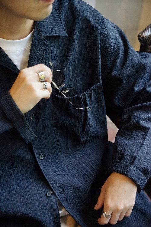 Lab Store OUTER 日系潮流質感紋理口袋寬鬆外套 古巴領長袖Cityboy藏青男生