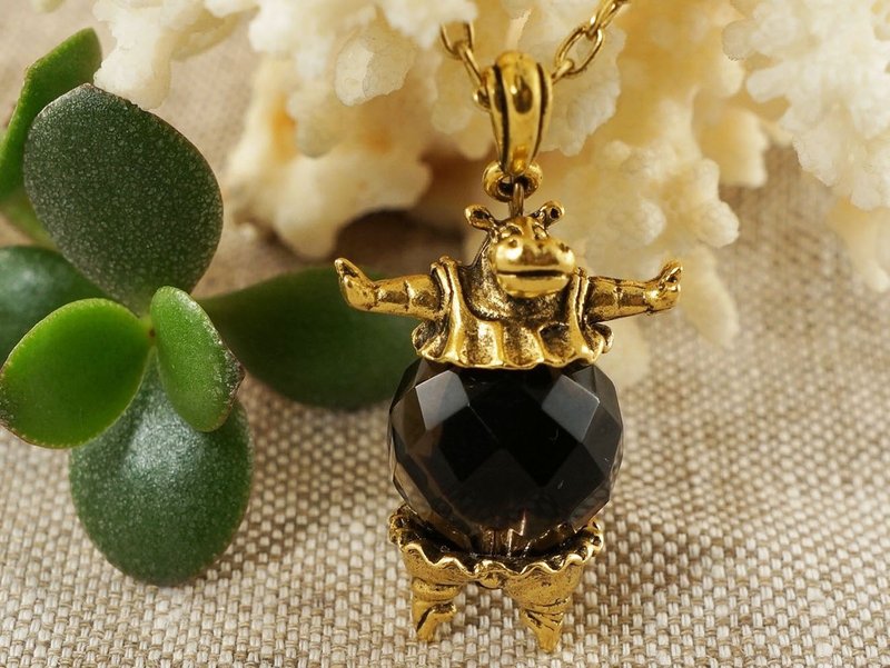 Cute Dancing Hippo Golden Black Czech Glass Pendant Necklace Woman Jewelry Gift - Necklaces - Glass Black