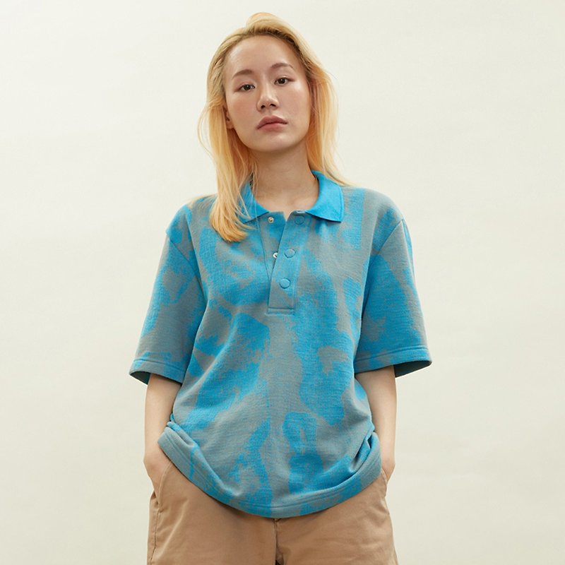 SOFT ROCK LAPIS Blue flat knit polo shirt made with Cotton 100% leftover threads - 毛衣/針織衫 - 棉．麻 藍色