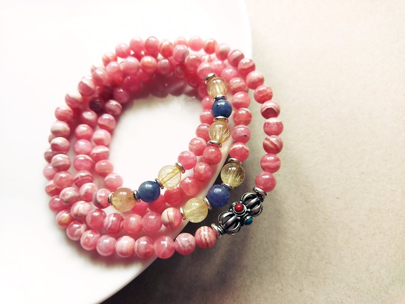 ORLI Jewelry Natural rhodochrosite red stone 108 rosary sterling silver diamond 杵 natural stone - Bracelets - Crystal Pink