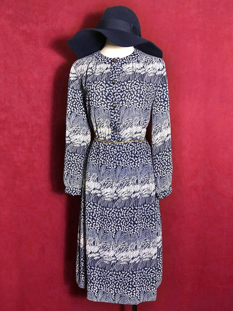 Long-sleeved vintage dress with leaves / brought back to VINTAGE abroad - ชุดเดรส - เส้นใยสังเคราะห์ สีน้ำเงิน