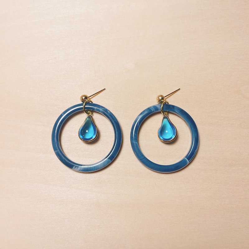 復古水藍水滴藍圈圈耳環 - 耳環/耳夾 - 樹脂 藍色