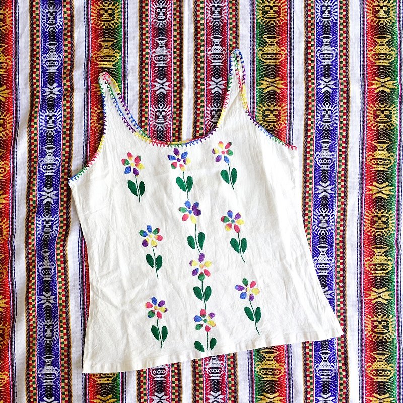 BajuTua / Ancient / Mexican Rainbow Flower Hand Embroidered Vest - เสื้อกั๊กผู้หญิง - ผ้าฝ้าย/ผ้าลินิน ขาว