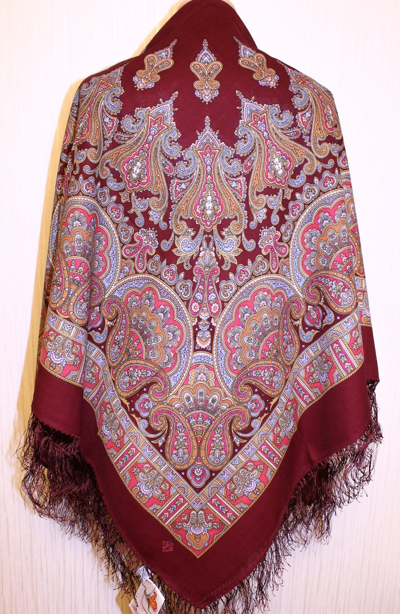 Pavlovo Posad Russian Shawl 100% Wool Scarf 125x125 cm Wrap Silk Fringe 1581-7 - 絲巾 - 羊毛 咖啡色