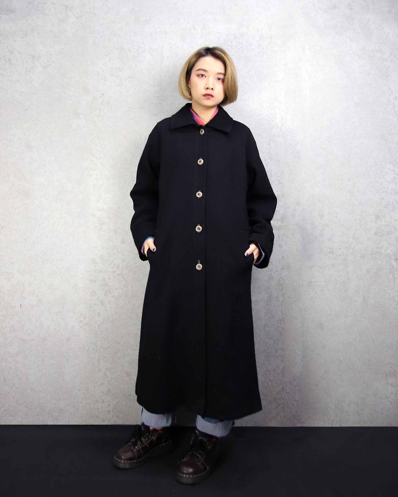 Tsubasa.Y 古着屋006 Ancient wool coat, wool wool simple long coat - Women's Casual & Functional Jackets - Wool Black