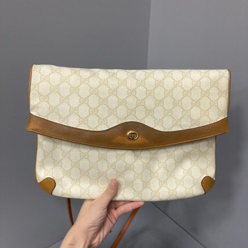 一J Studio ≡ vintage ≡ GUCCI 咖啡色 奶白色 古董包 義大利 老花真皮 可斜背 vintage