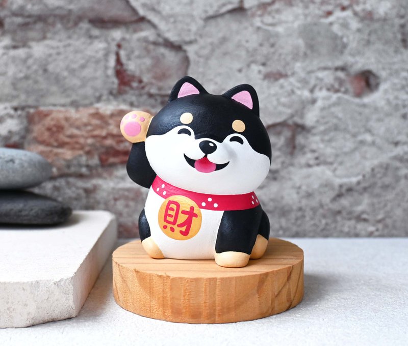 Gou Lai Fu Lucky Shiba Inu Doll Decoration Black Shiba Inu Pet Carving Healing Small Wooden Sculpture - ของวางตกแต่ง - ไม้ สีดำ