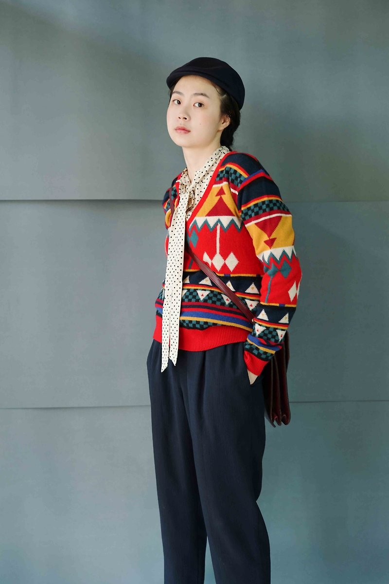 Treasure hunt vintage-Vintage Levi's craft colorful geometric V-neck sweater - สเวตเตอร์ผู้หญิง - ขนแกะ สีแดง