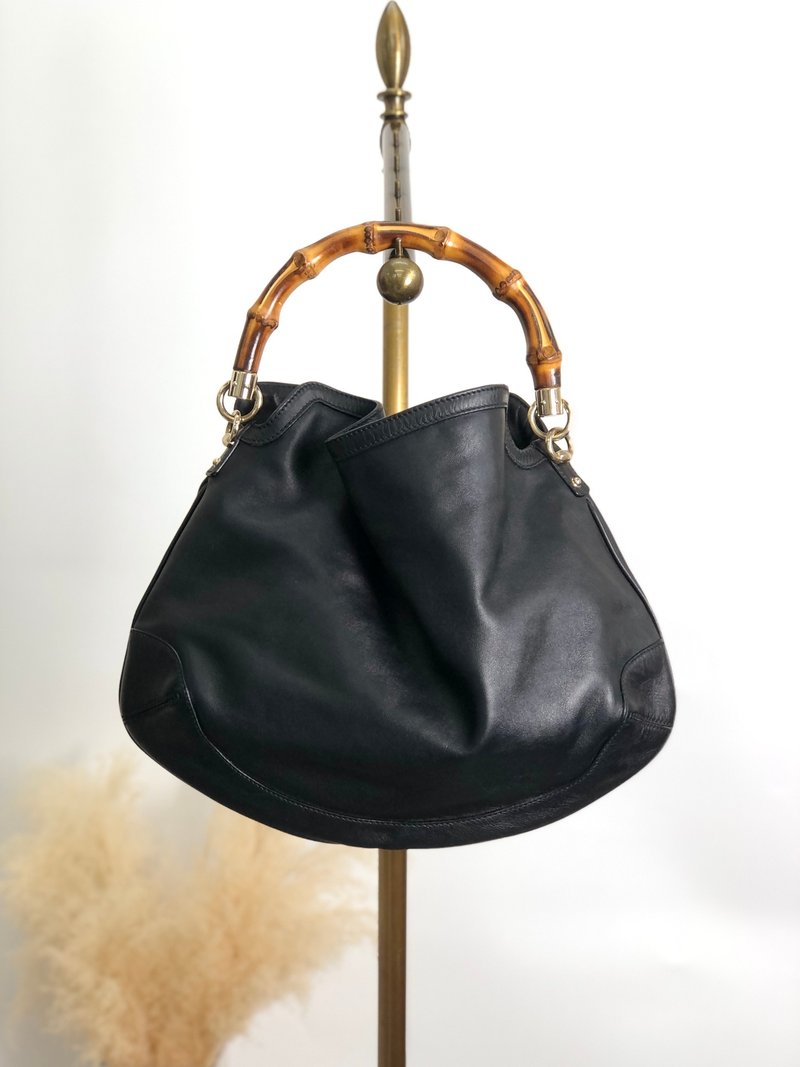 【 日本直送　名牌中古包 】GUCCI グッチ ハンドバッグ ブラック バンブー レザー vintage ヴィンテージ オールド ai2v7r - 手提包/手提袋 - 真皮 黑色